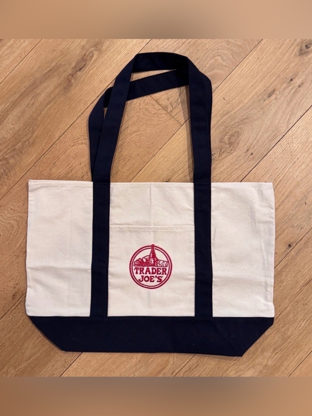 Trader Joe's Large Canvas Tote Bag Navy Cream Reusable NWT - Picture 3 of 5